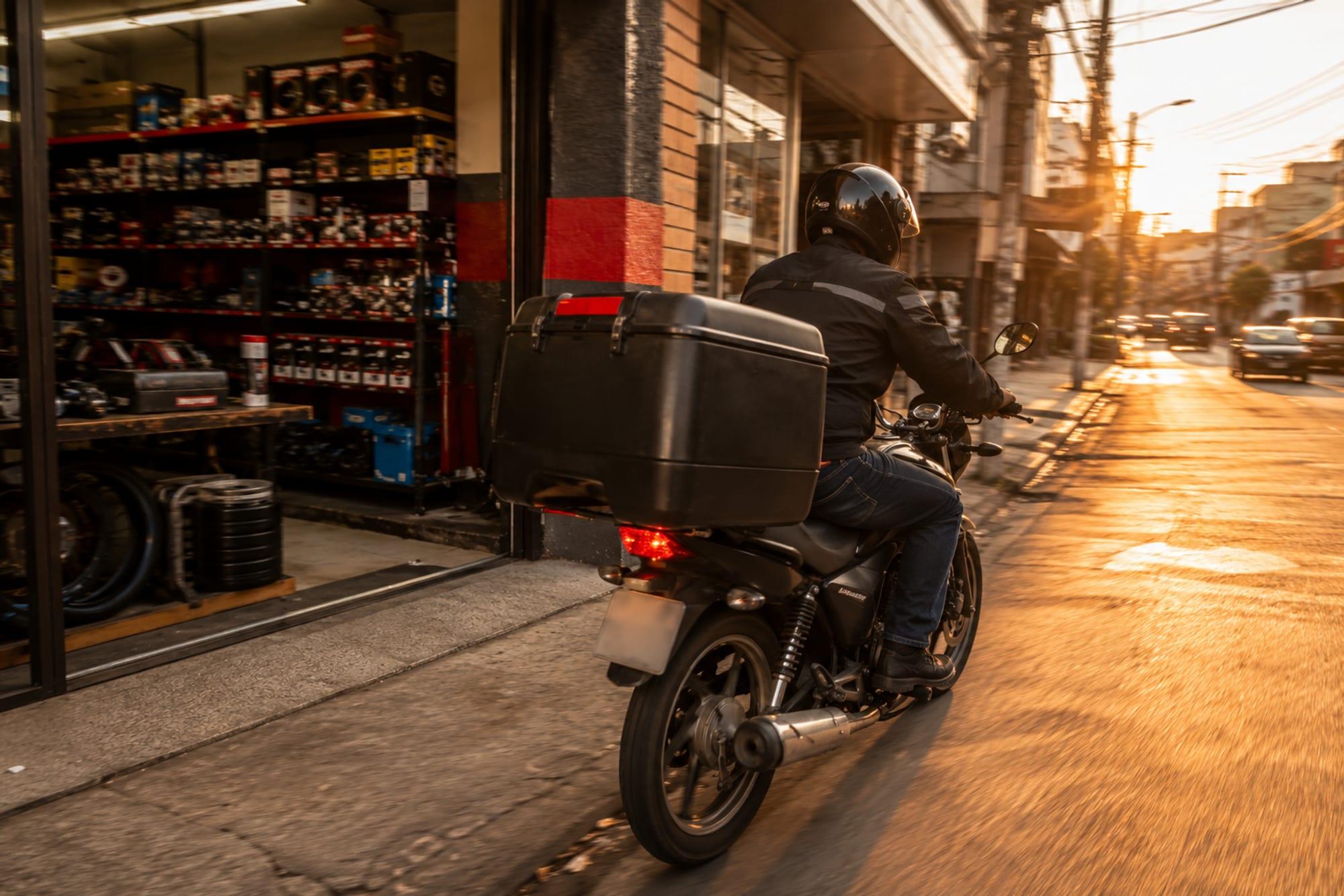 Motoboy saindo para entregar a peça vendida pelo WhatsApp