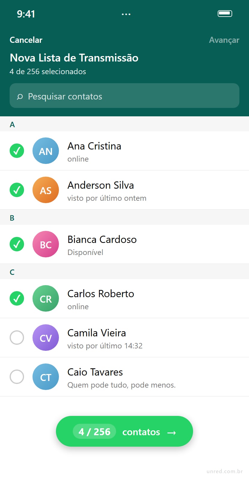Tela do WhatsApp selecionando contatos pra nova lista de transmissão, com indicador "4 de 256 selecionados" e contatos marcados (Ana Cristina, Anderson Silva, Bianca Cardoso, Carlos Roberto) com checkmark verde